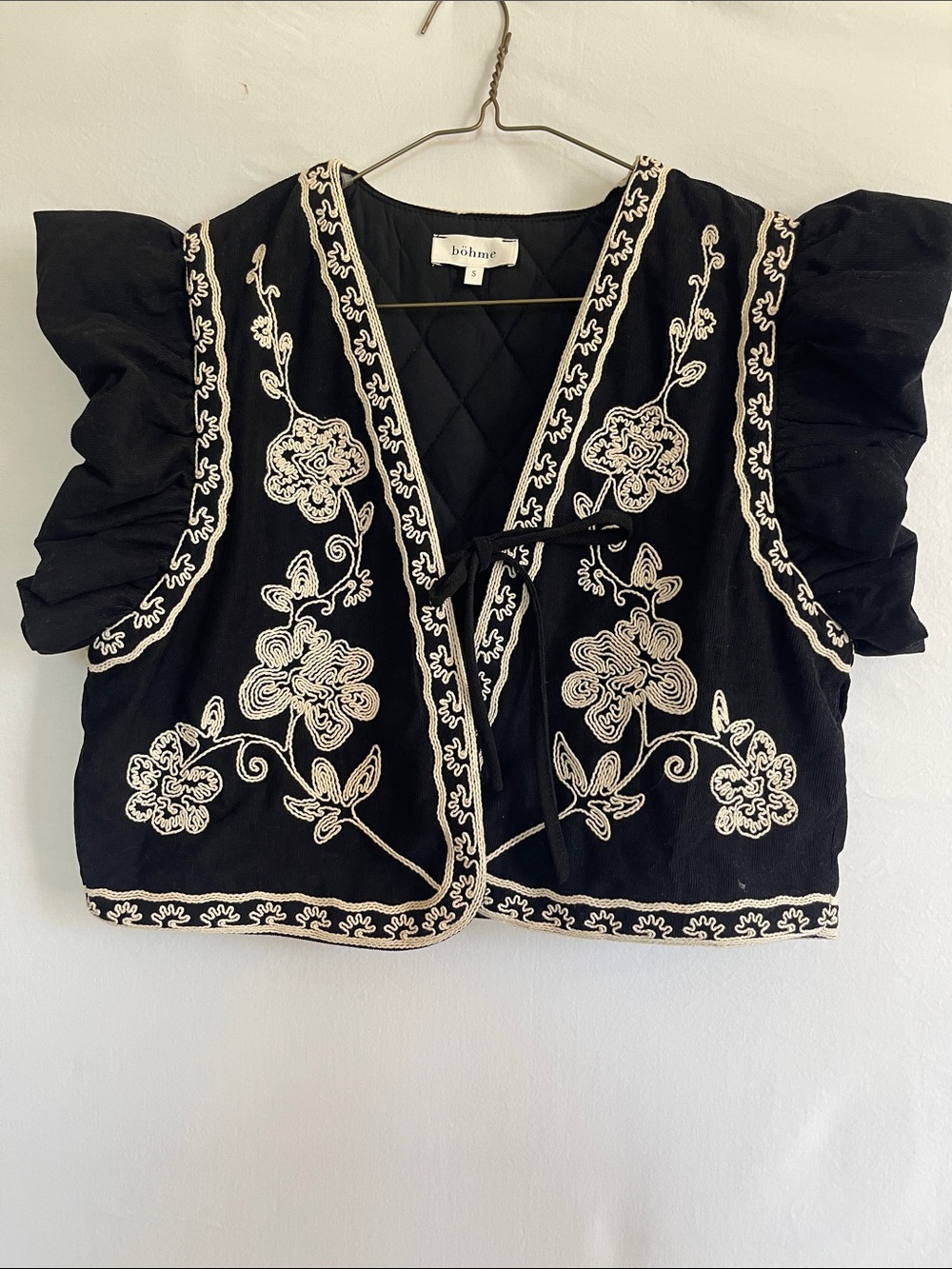 bohme Black Embroidered Flutter Sleeve Crop Top with Cream Floral Trim